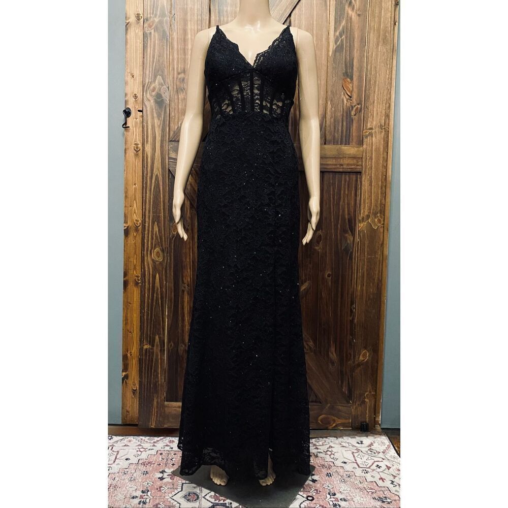 Morgan & Co Black Glitter Lace Corset Prom Homecoming Dress Sz 1